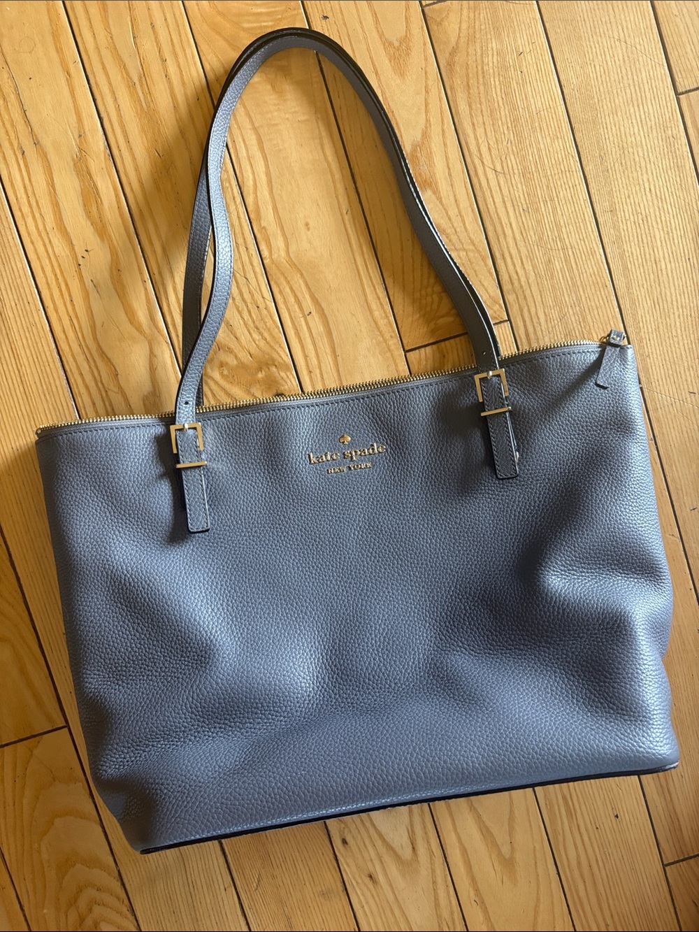kate spade gray pebbled leather tote with gold hardware accents